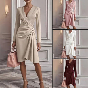 Ruched V-Neck A-Line Midi Dress