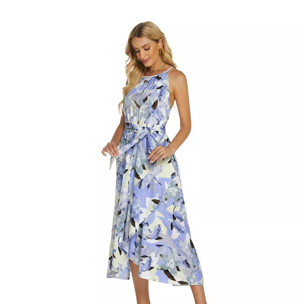 Satin Floral Halter Midi Dress with Asymmetric Skirt