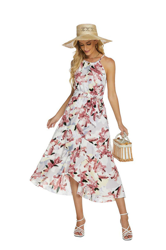 Satin Floral Halter Midi Dress with Asymmetric Skirt