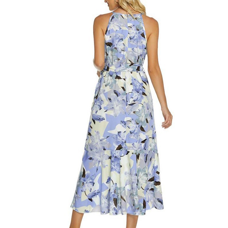 Satin Floral Halter Midi Dress with Asymmetric Skirt