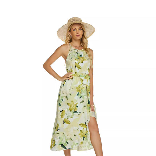 Satin Floral Halter Midi Dress with Asymmetric Skirt
