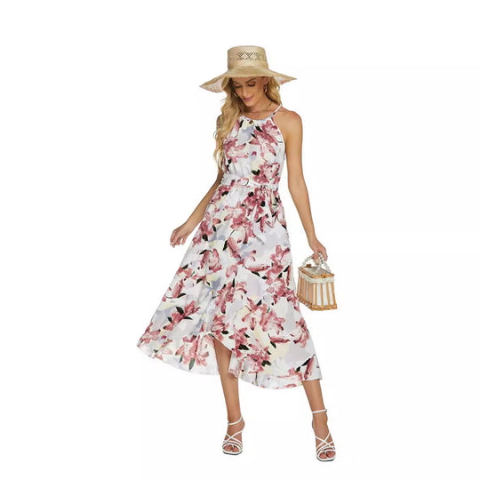 Satin Floral Halter Midi Dress with Asymmetric Skirt