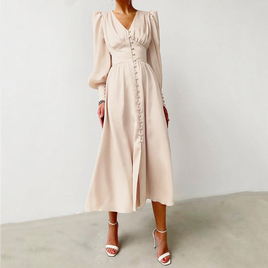 Satin Midi Dress with Puff Sleeves and Button Front