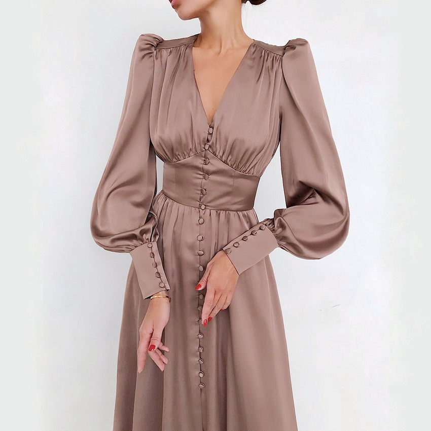 Satin Midi Dress with Puff Sleeves and Button Front