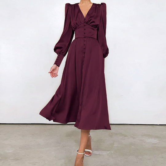Satin Midi Dress with Puff Sleeves and Button Front