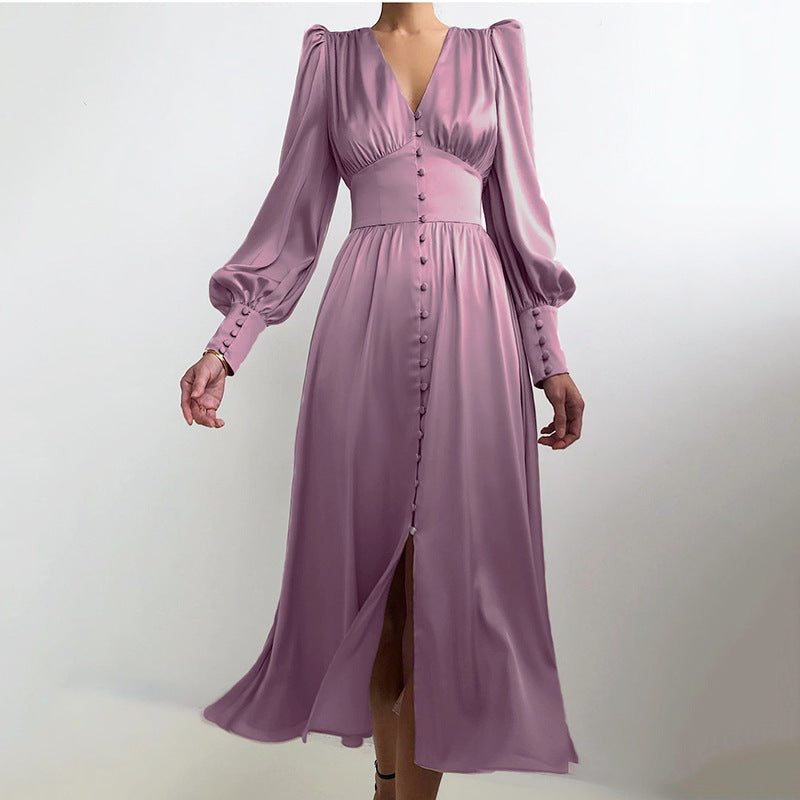 Satin Midi Dress with Puff Sleeves and Button Front