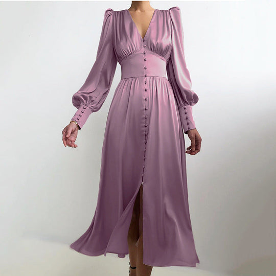 Satin Midi Dress with Puff Sleeves and Button Front