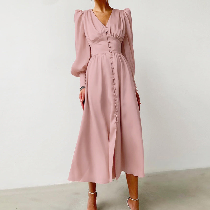 Satin Midi Dress with Puff Sleeves and Button Front