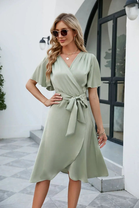 Satin V-Neck Summer Dress with Adjustable Waist