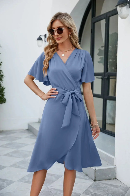 Satin V-Neck Summer Dress with Adjustable Waist
