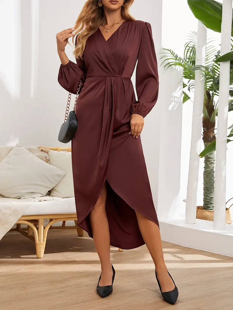 Satin Wrap Midi Dress with V-Neck and Long Puff Sleeves