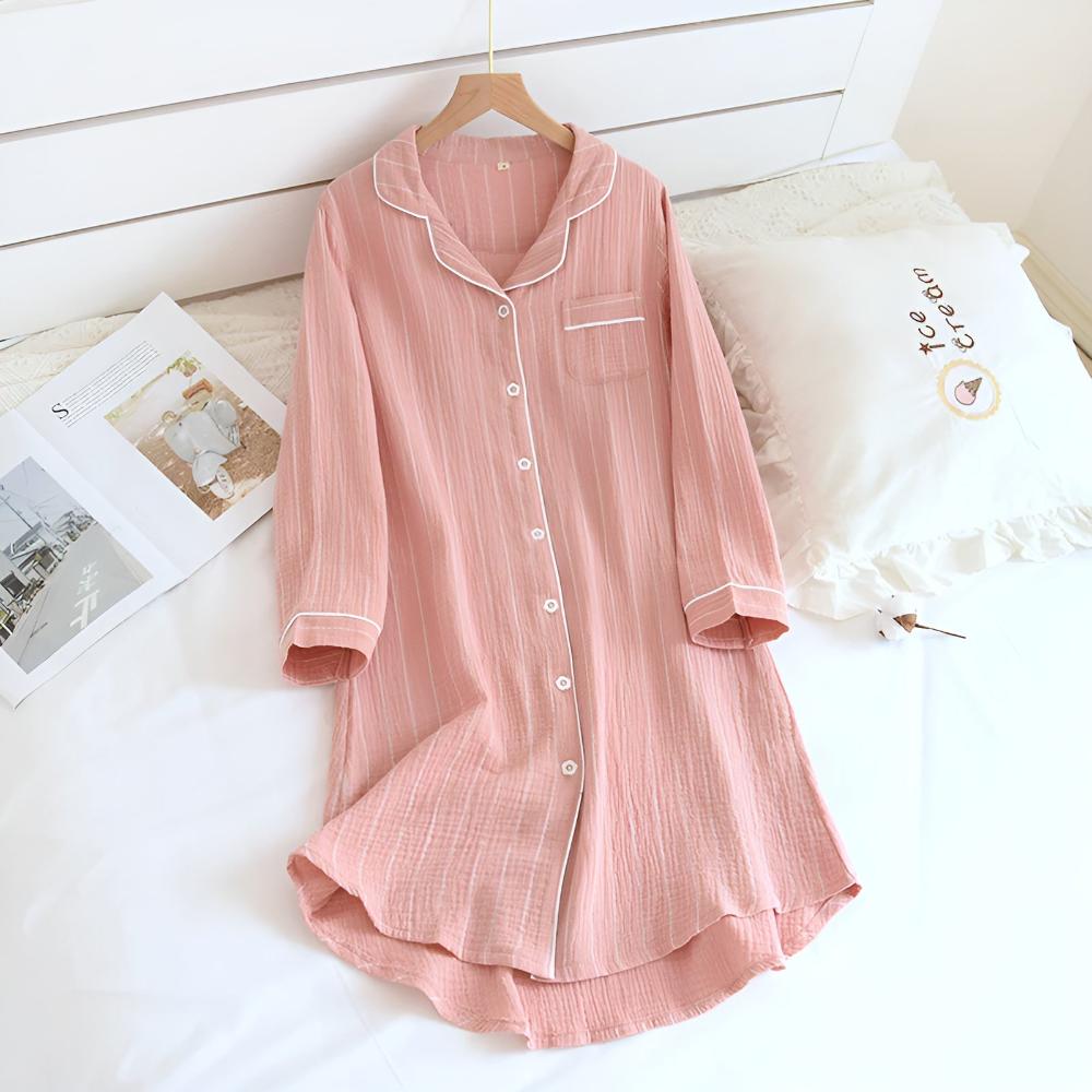 SereneStripe Pastel Cotton Nightshirt – Loose Breathable Fit