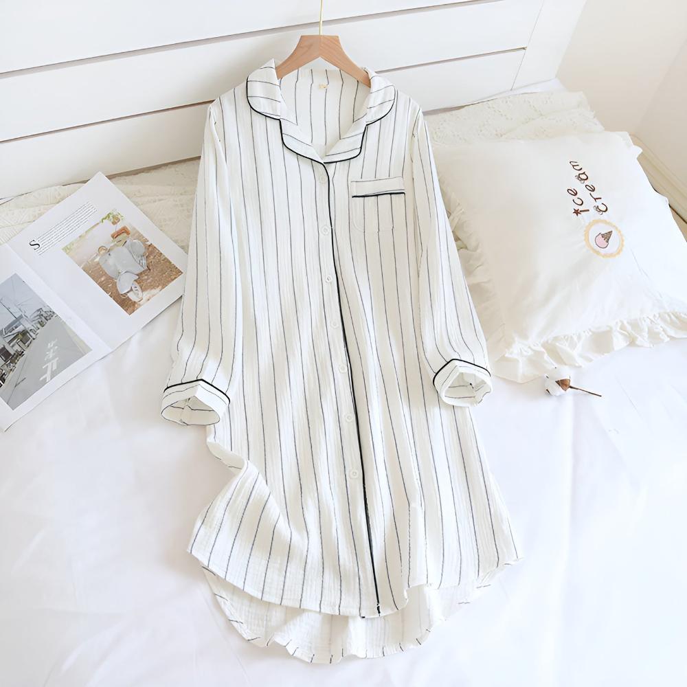 SereneStripe Pastel Cotton Nightshirt – Loose Breathable Fit