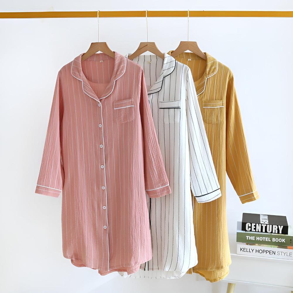 SereneStripe Pastel Cotton Nightshirt – Loose Breathable Fit