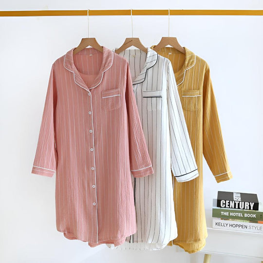 SereneStripe Pastel Cotton Nightshirt – Loose Breathable Fit