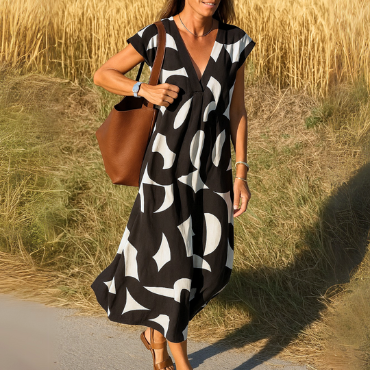 Shaira Women’s Geometric Print Midi Dress – Black and White V-Neck Style