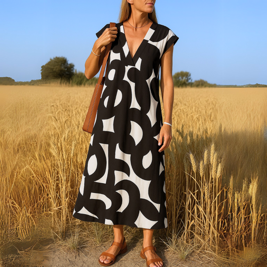 Shaira Women’s Geometric Print Midi Dress – Black and White V-Neck Style