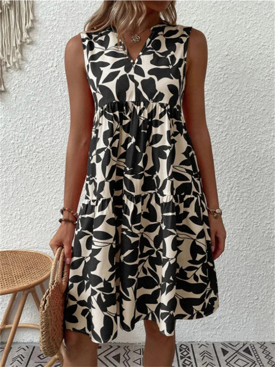 Sleeveless Floral V-Neck Midi Dress with Ruffles