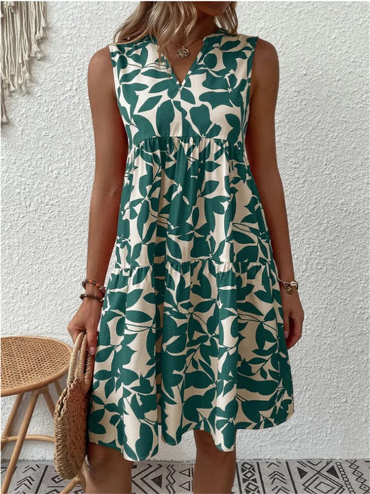 Sleeveless Floral V-Neck Midi Dress with Ruffles