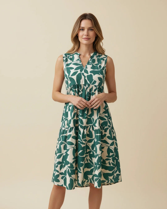 Sleeveless Leaf-Print A-Line Midi Dress with Ruffled Skirt