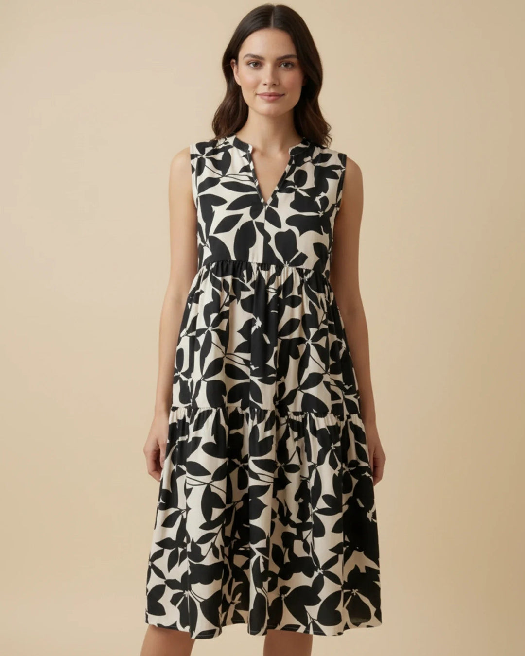 Sleeveless Leaf-Print A-Line Midi Dress with Ruffled Skirt