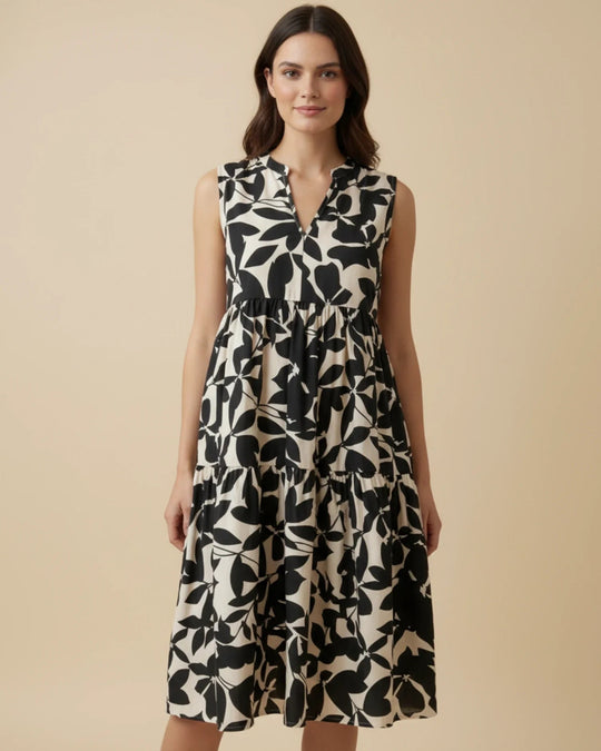 Sleeveless Leaf-Print A-Line Midi Dress with Ruffled Skirt
