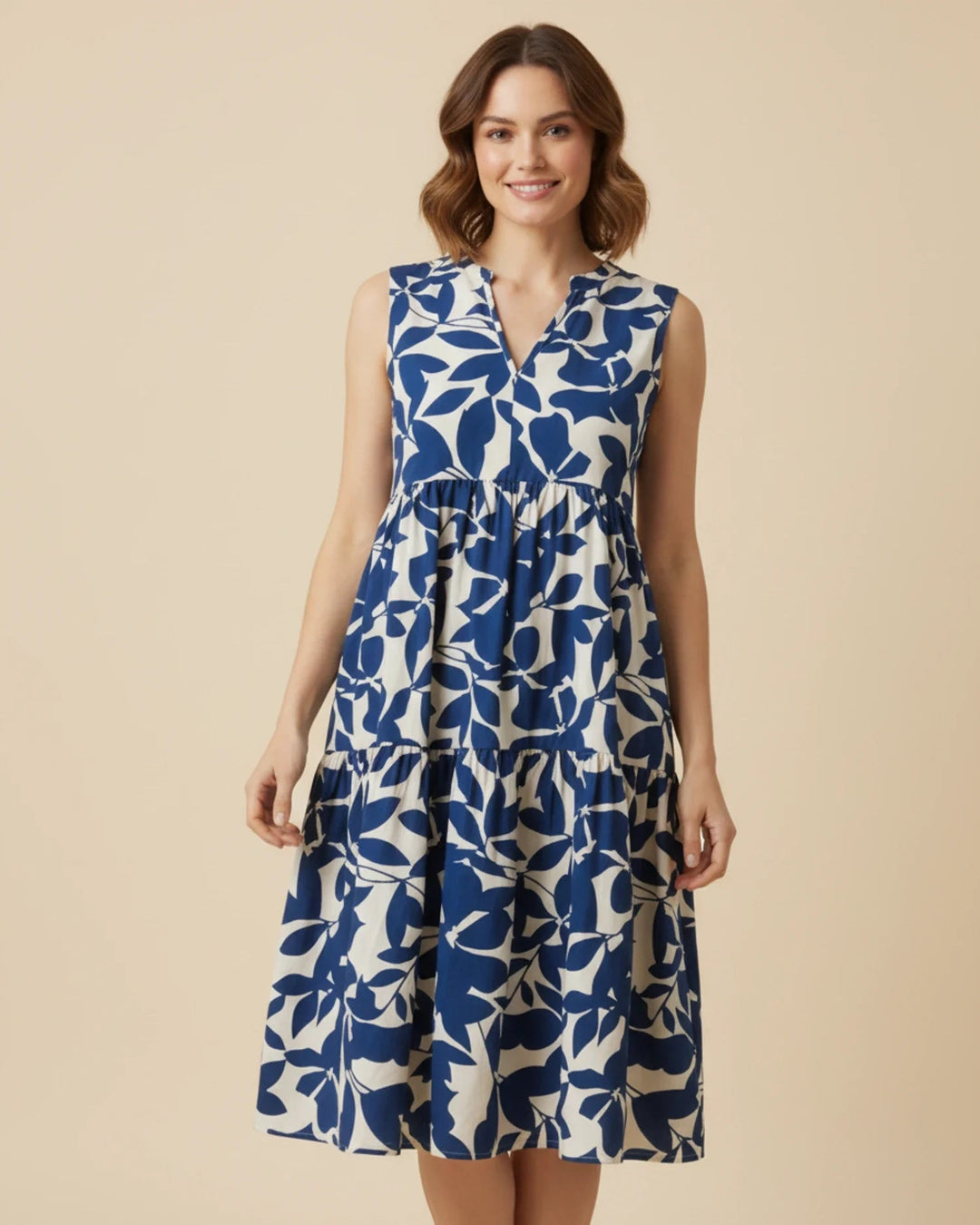 Sleeveless Leaf-Print A-Line Midi Dress with Ruffled Skirt