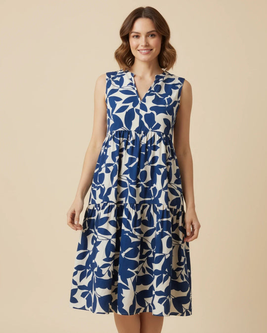 Sleeveless Leaf-Print A-Line Midi Dress with Ruffled Skirt