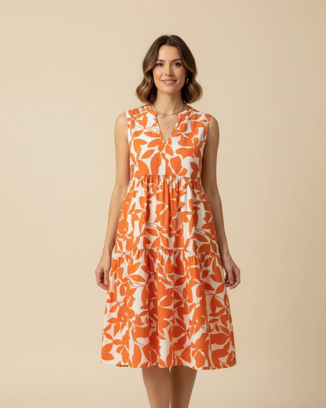Sleeveless Leaf-Print A-Line Midi Dress with Ruffled Skirt