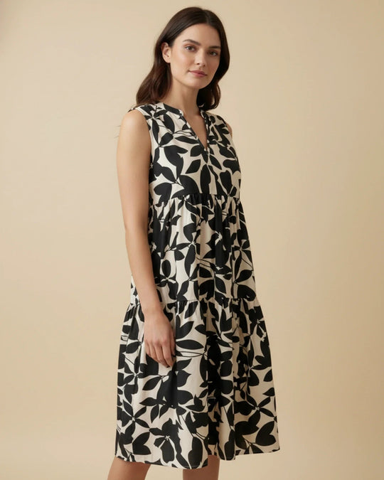 Sleeveless Leaf-Print A-Line Midi Dress with Ruffled Skirt