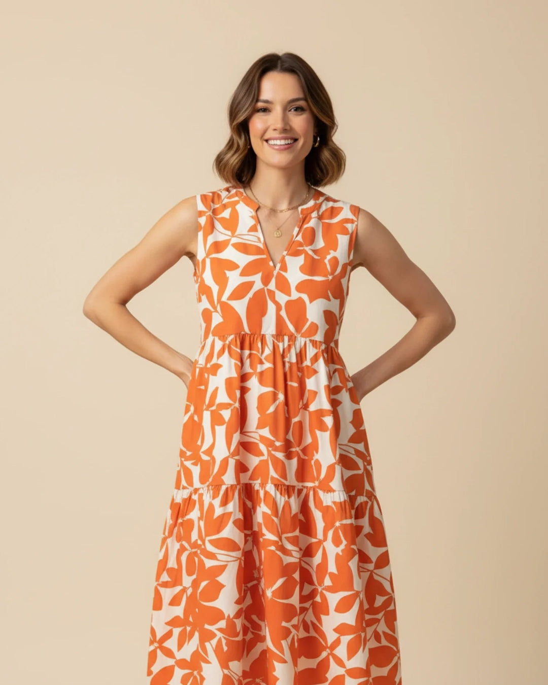 Sleeveless Leaf-Print A-Line Midi Dress with Ruffled Skirt