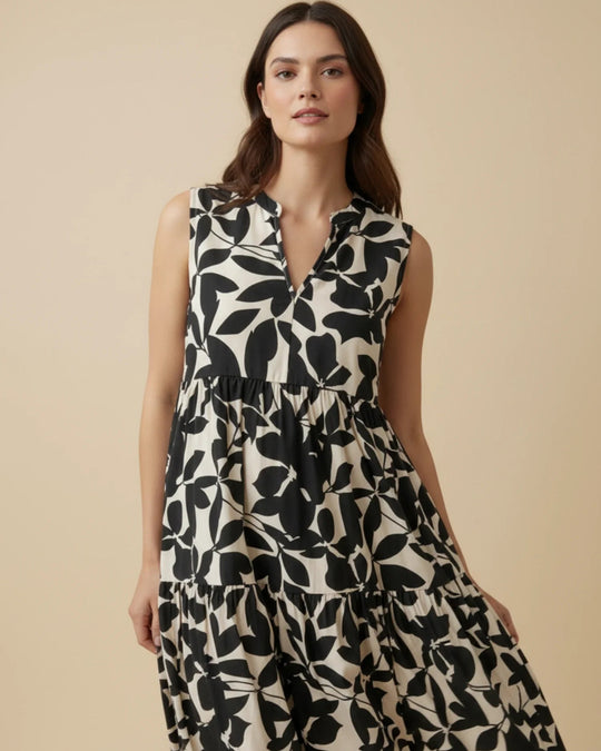 Sleeveless Leaf-Print A-Line Midi Dress with Ruffled Skirt