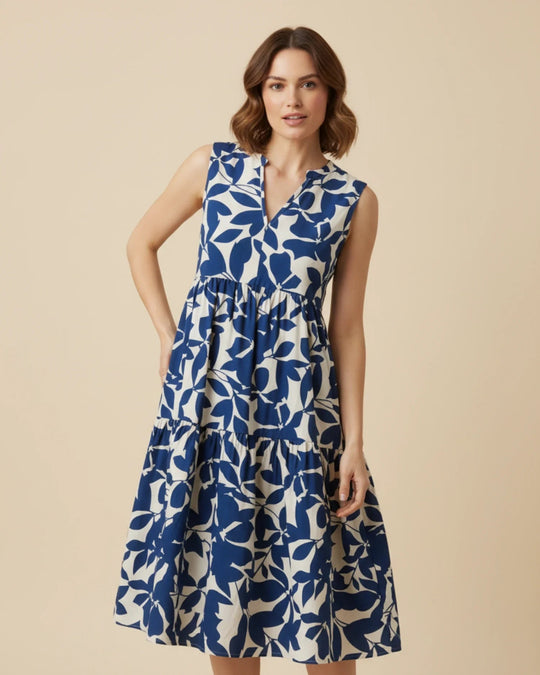 Sleeveless Leaf-Print A-Line Midi Dress with Ruffled Skirt