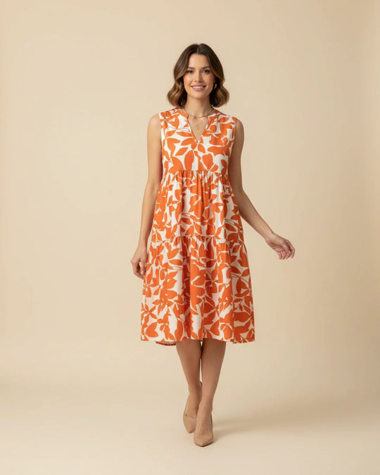 Sleeveless Leaf-Print A-Line Midi Dress with Ruffled Skirt