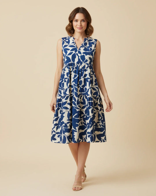 Sleeveless Leaf-Print A-Line Midi Dress with Ruffled Skirt