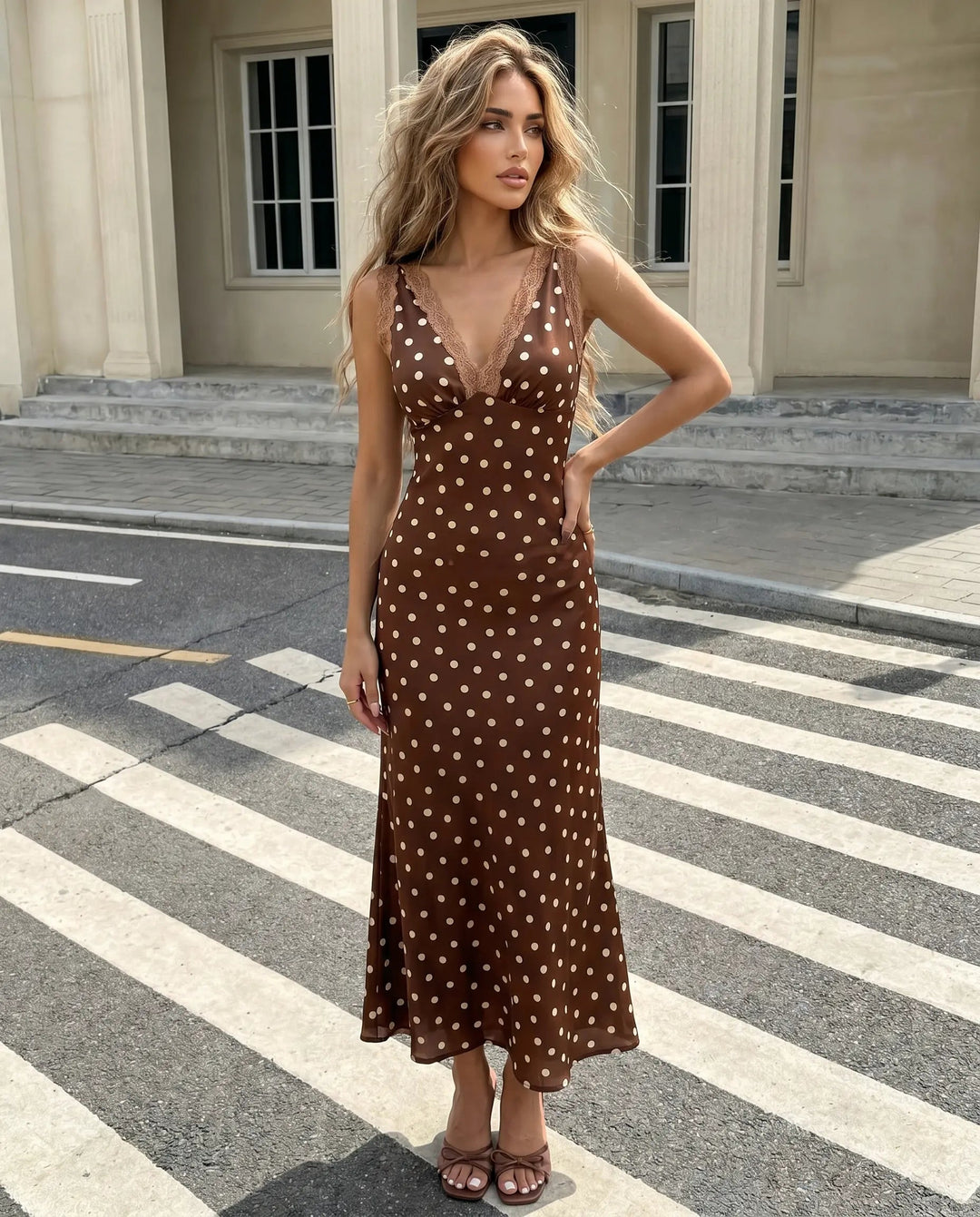 Sleeveless Polka-Dot Midi Dress with Lace Details