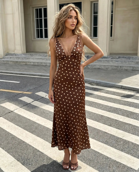 Sleeveless Polka-Dot Midi Dress with Lace Details