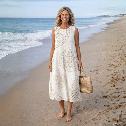 Sleeveless Retro-Print Midi Dress with Pockets