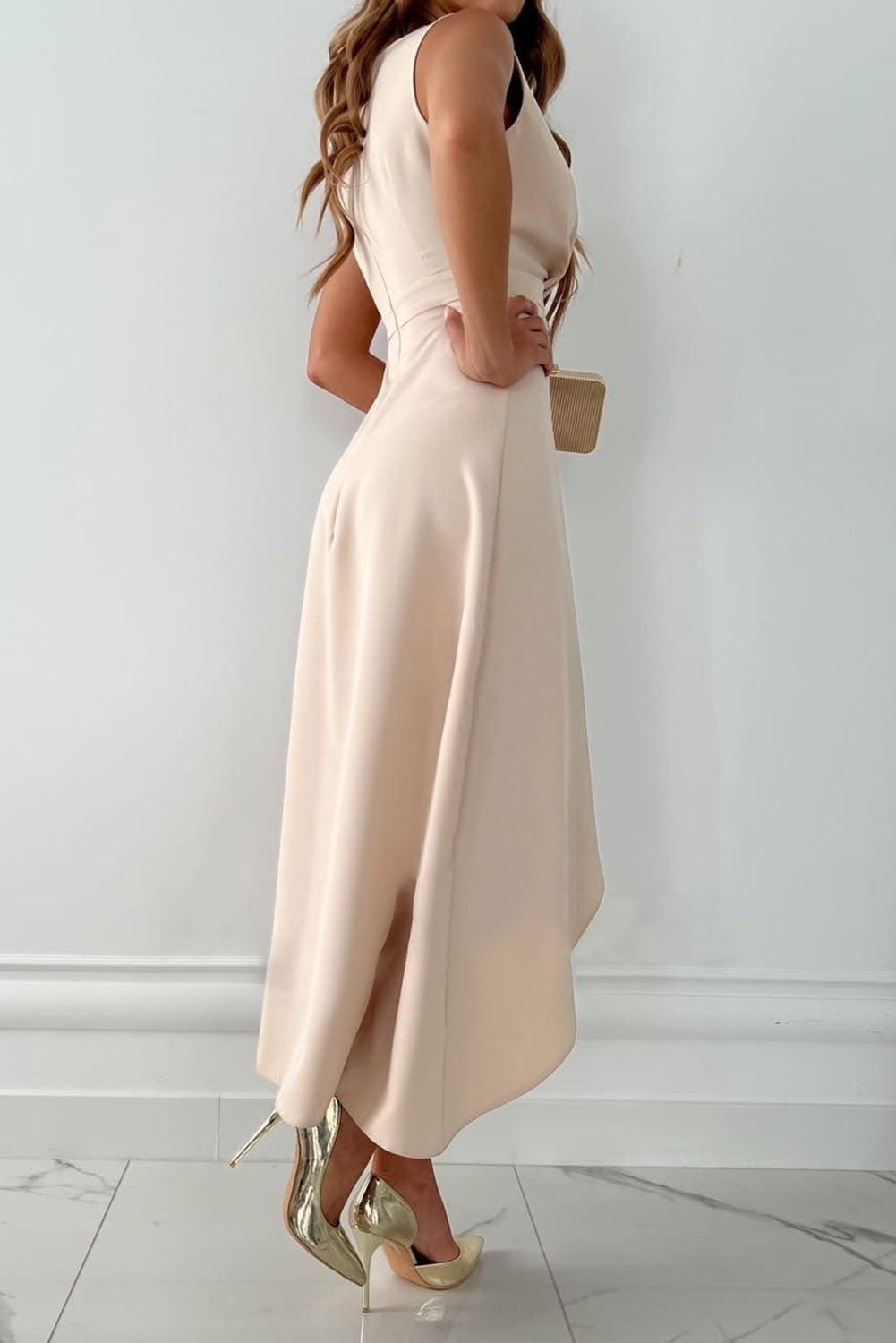 Sleeveless Wrap Midi Dress with Asymmetric Draped Hem