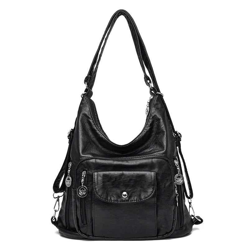 Soft Leather Multi-Pocket Shoulder Bag – Convertible Everyday Handbag
