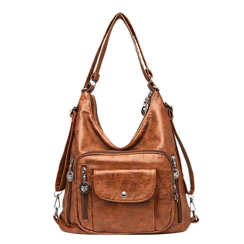 Soft Leather Multi-Pocket Shoulder Bag – Convertible Everyday Handbag