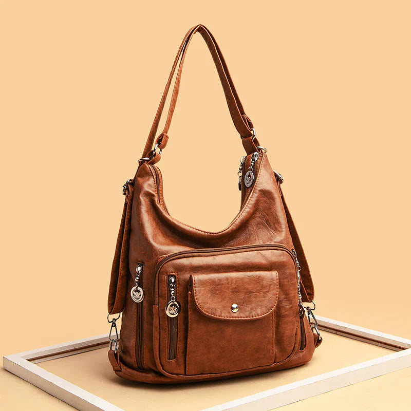 Soft Leather Multi-Pocket Shoulder Bag – Convertible Everyday Handbag