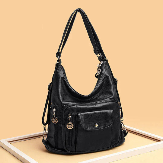 Soft Leather Multi-Pocket Shoulder Bag – Convertible Everyday Handbag