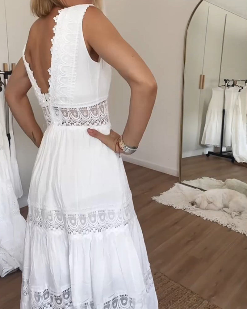 Stella Women's White Lace Maxi Dress – Sleeveless V-Neck