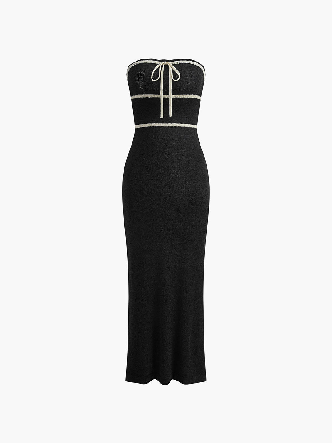 Strapless Bouclé Midi Dress – Fitted Tube Style with Black Detailing