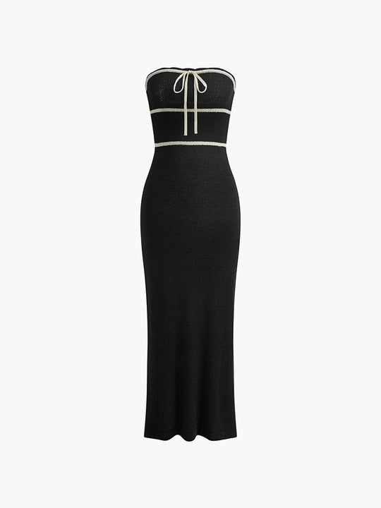 Strapless Bouclé Midi Dress – Fitted Tube Style with Black Detailing