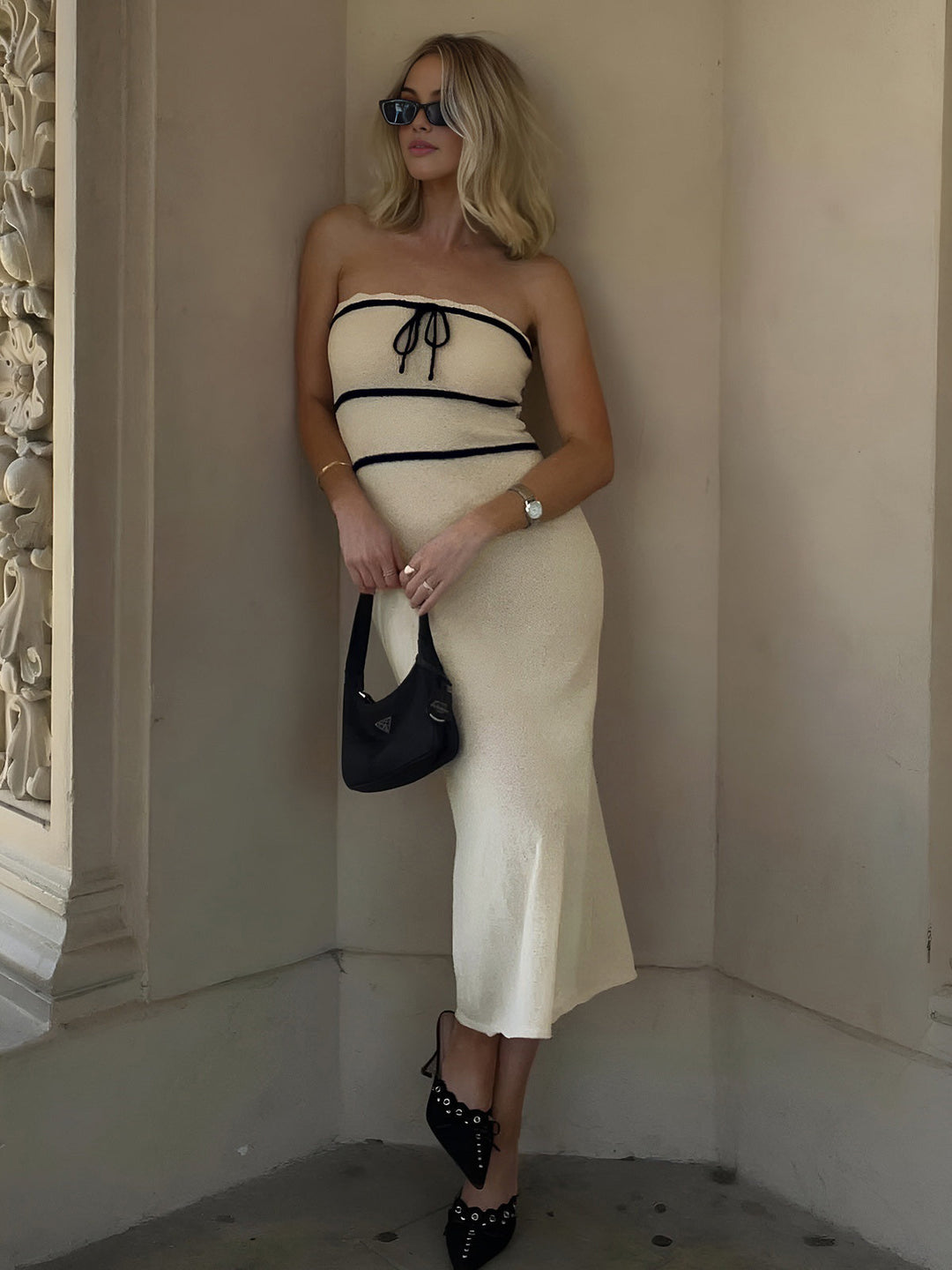 Strapless Bouclé Midi Dress – Fitted Tube Style with Black Detailing