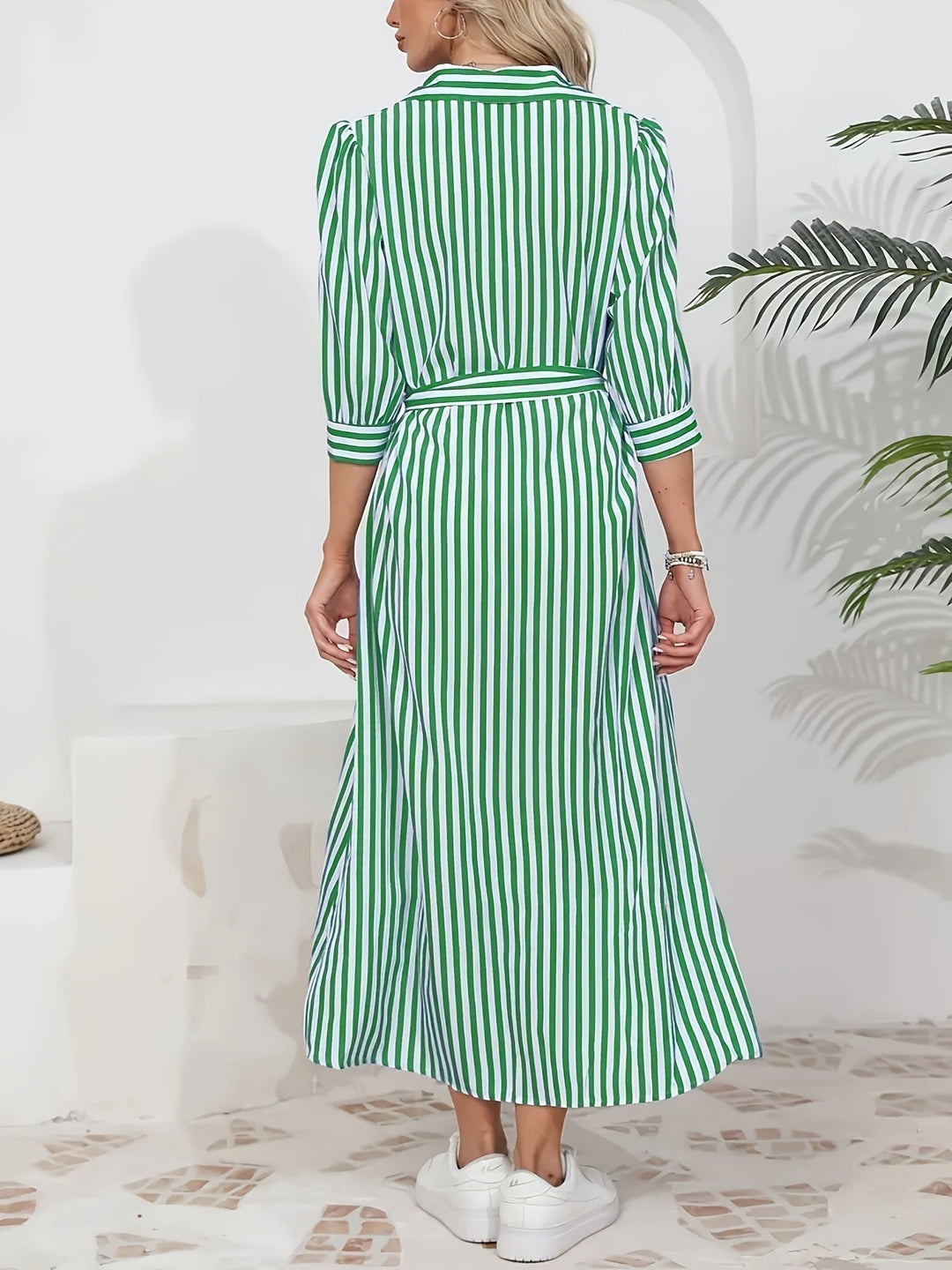 Striped Shirt Midi Dress with Tie Waist and Three-Quarter Sleeves