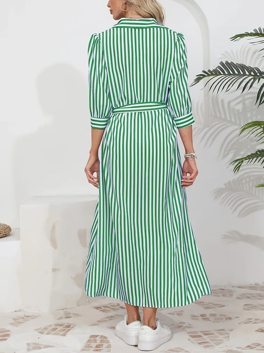 Striped Shirt Midi Dress with Tie Waist and Three-Quarter Sleeves
