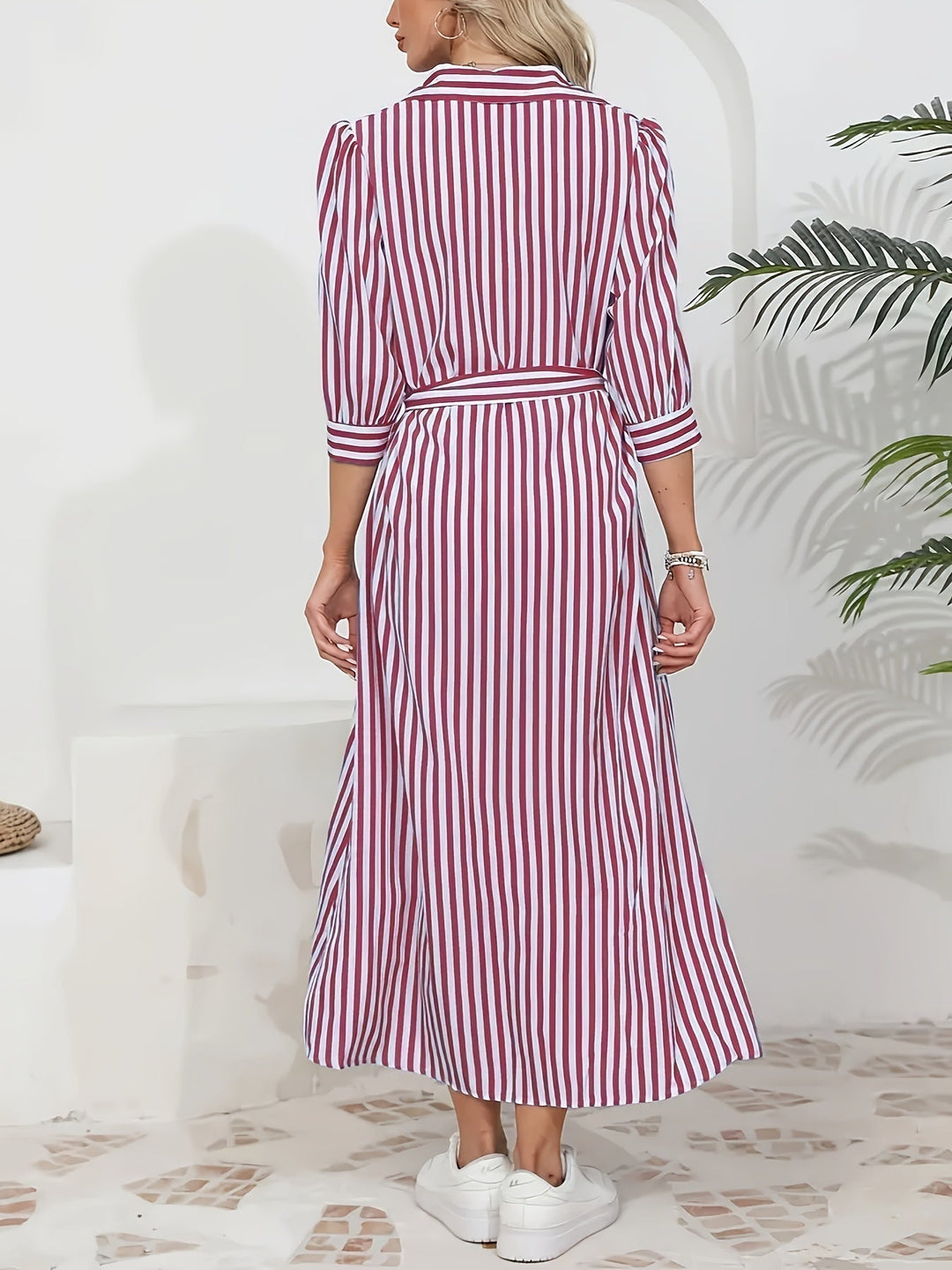 Striped Shirt Midi Dress with Tie Waist and Three-Quarter Sleeves